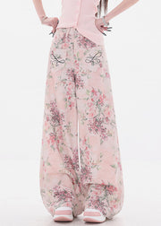 Chic Pink Print Pockets High Waist Denim Wide Leg Pants Fall