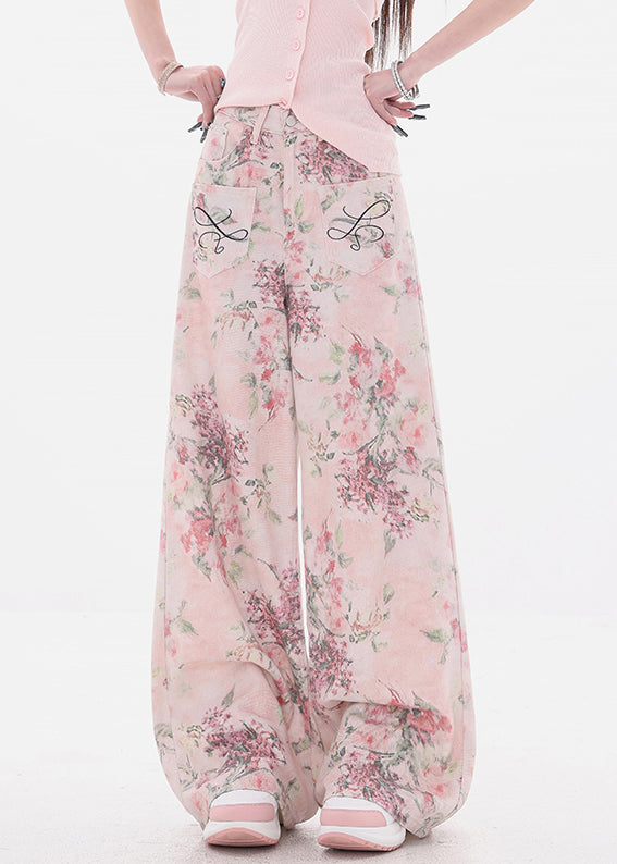 Chic Pink Print Pockets High Waist Denim Wide Leg Pants Fall