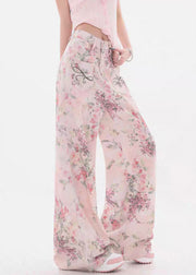 Chic Pink Print Pockets High Waist Denim Wide Leg Pants Fall