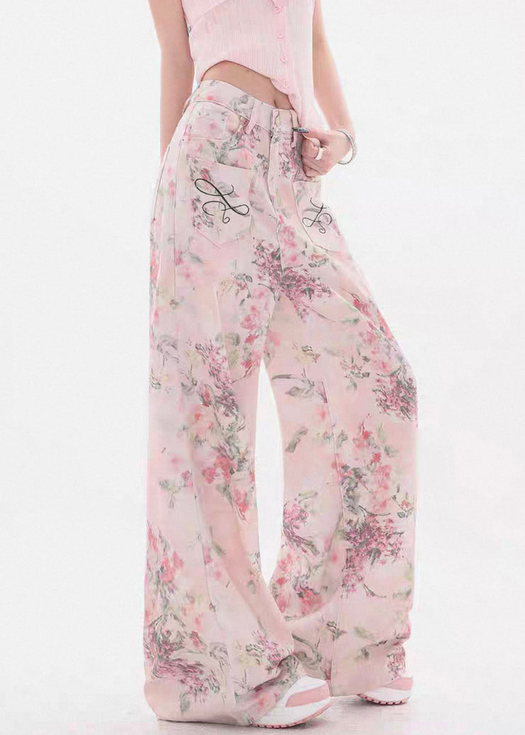 Chic Pink Print Pockets High Waist Denim Wide Leg Pants Fall