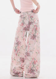 Chic Pink Print Pockets High Waist Denim Wide Leg Pants Fall