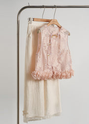 Chic Pink Ruffled Jacquard Silk Vest Sleeveless