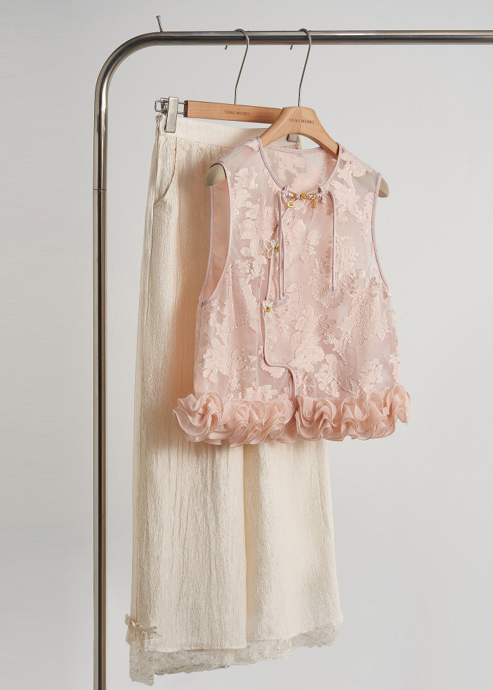Chic Pink Ruffled Jacquard Silk Vest Sleeveless