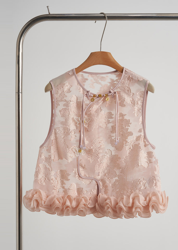 Chic Pink Ruffled Jacquard Silk Vest Sleeveless