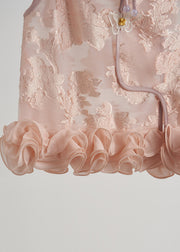 Chic Pink Ruffled Jacquard Silk Vest Sleeveless