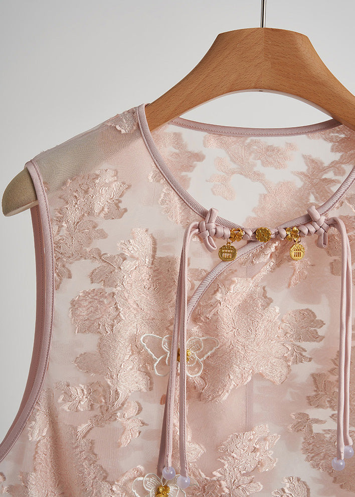 Chic Pink Ruffled Jacquard Silk Vest Sleeveless