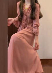 Chic Pink Ruffled Lace Up Shirt And Skirts Chiffon Two Pieces Set Fall