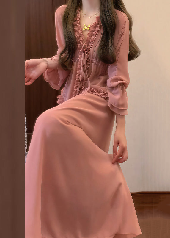 Chic Pink Ruffled Lace Up Shirt And Skirts Chiffon Two Pieces Set Fall