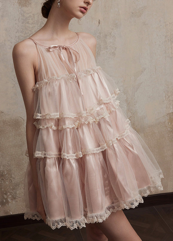 Chic Pink Ruffled Patchwork Tulle Mini Dresses Summer