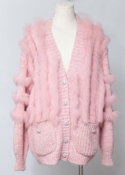 Chic Pink V Neck Fox Fur Patchwork Woolen Cardigans Winter