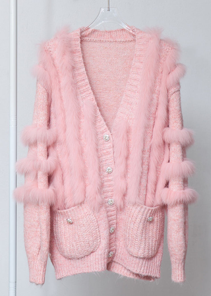 Chic Pink V Neck Fox Fur Patchwork Woolen Cardigans Winter