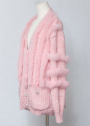 Chic Pink V Neck Fox Fur Patchwork Woolen Cardigans Winter