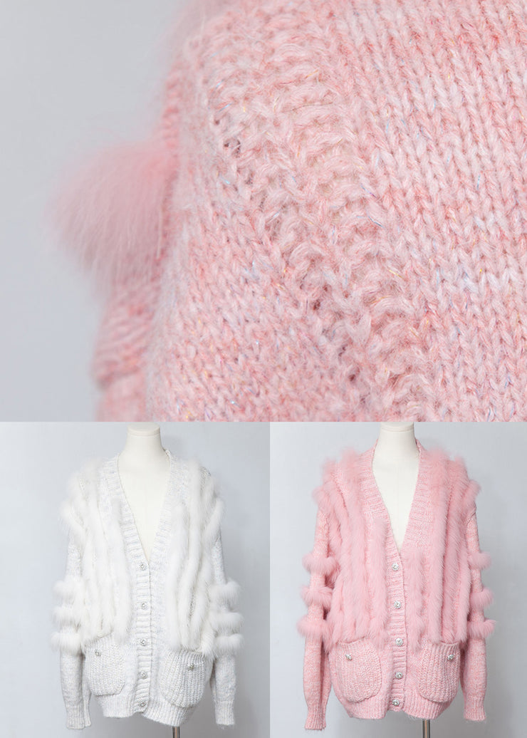 Chic Pink V Neck Fox Fur Patchwork Woolen Cardigans Winter