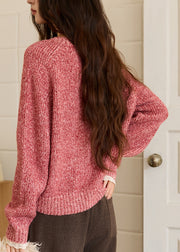 Chic Pink V Neck Patchwork Cozy Cotton Knit Sweaters Fall