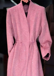 Chic Pink V Neck Sequins Drawstring Coat Fall