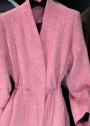 Chic Pink V Neck Sequins Drawstring Coat Fall