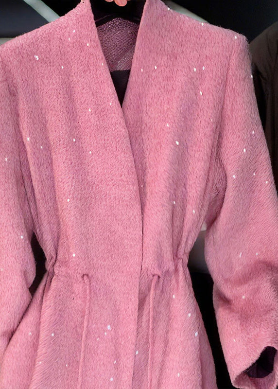Chic Pink V Neck Sequins Drawstring Coat Fall
