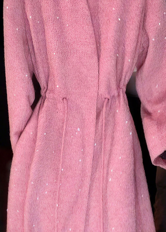 Chic Pink V Neck Sequins Drawstring Coat Fall