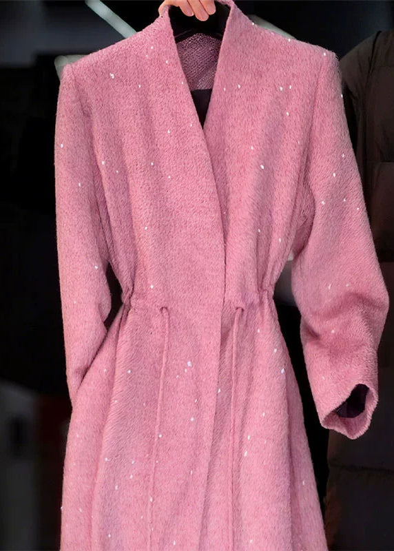 Chic Pink V Neck Sequins Drawstring Coat Fall