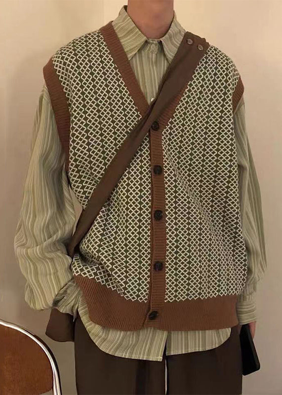Chic Plaid Button Mens Knit Pullover Vest V Neck Sleeveless