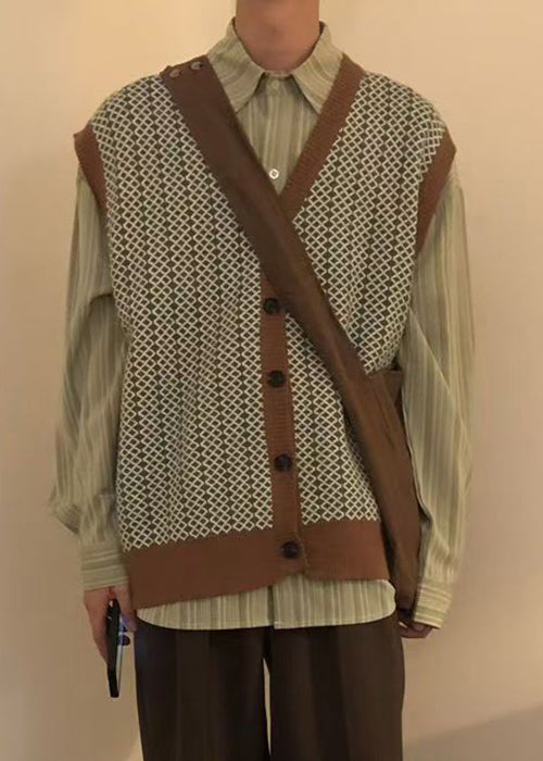 Chic Plaid Button Mens Knit Pullover Vest V Neck Sleeveless
