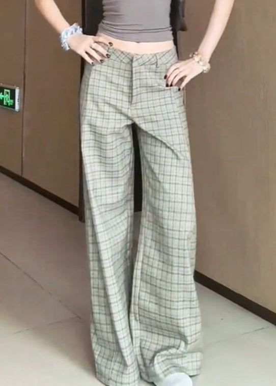 Chic Plaid High Waist Cotton Wide Leg Pants Fall