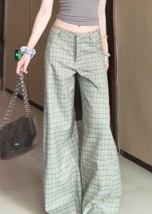 Chic Plaid High Waist Cotton Wide Leg Pants Fall