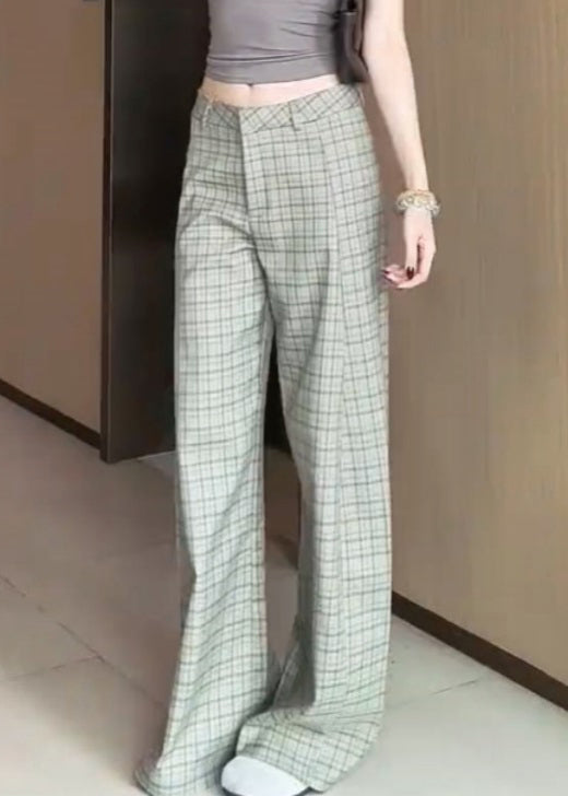 Chic Plaid High Waist Cotton Wide Leg Pants Fall
