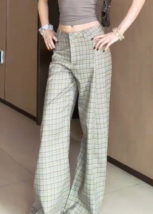 Chic Plaid High Waist Cotton Wide Leg Pants Fall