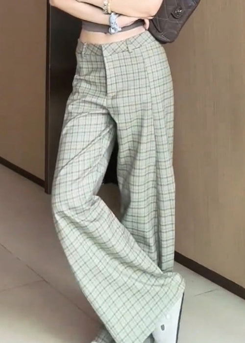 Chic Plaid High Waist Cotton Wide Leg Pants Fall