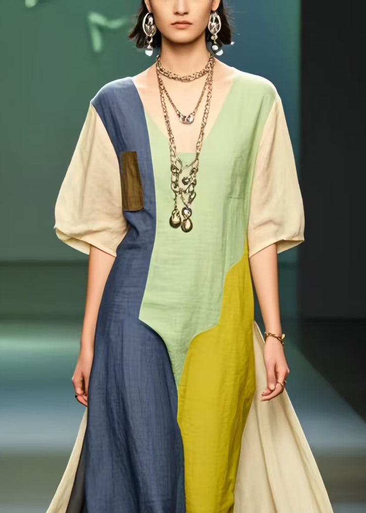 Chic Polychrome Asymmetrical Patchwork Cotton Ankle Dress Summer