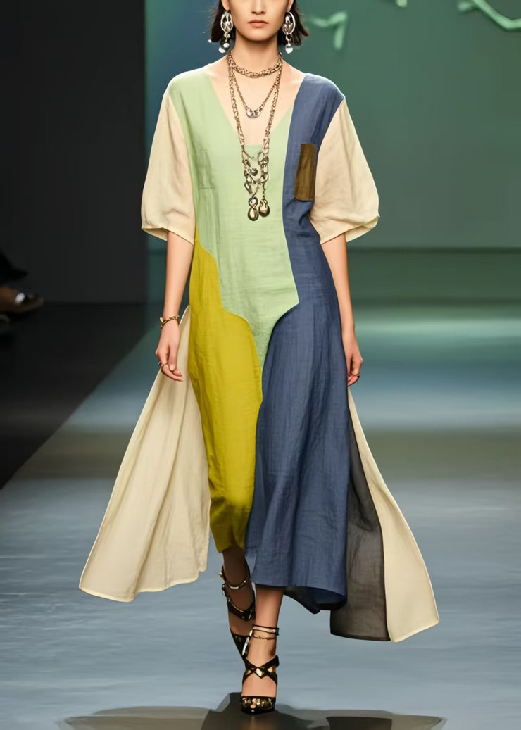 Chic Polychrome Asymmetrical Patchwork Cotton Ankle Dress Summer