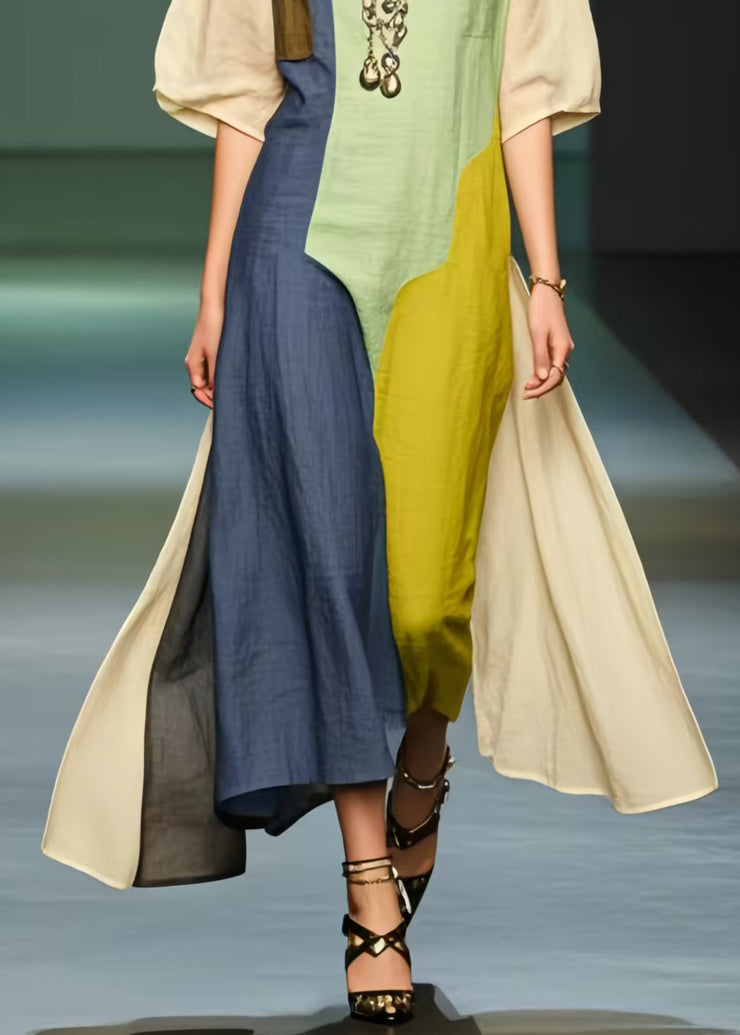 Chic Polychrome Asymmetrical Patchwork Cotton Ankle Dress Summer