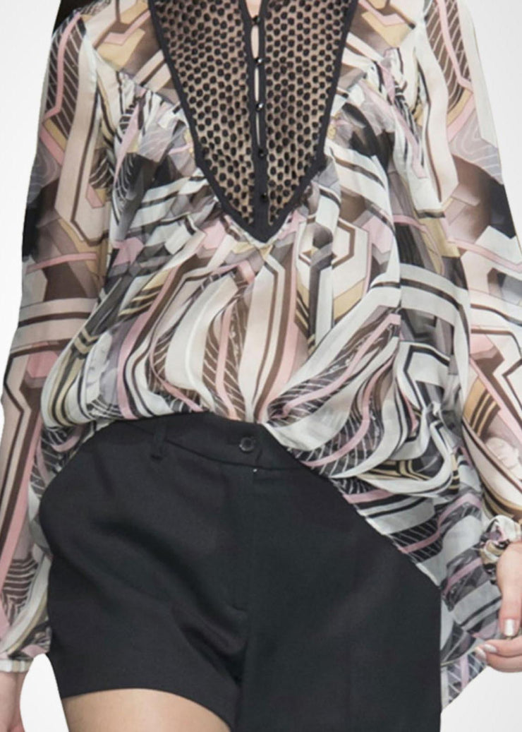 Chic Print Draping Chiffon Shirt Top Lantern Sleeve