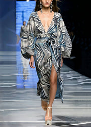 Chic Print Side Open Silk Tunic Dress Lantern Sleeve