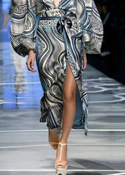 Chic Print Side Open Silk Tunic Dress Lantern Sleeve