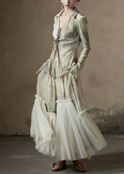 Chic Print Tulle Patchwork Shirt And Skirts Cotton Two Pieces Set Fall