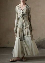 Chic Print Tulle Patchwork Shirt And Skirts Cotton Two Pieces Set Fall
