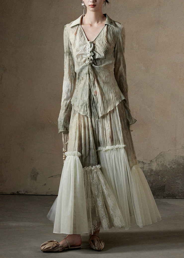 Chic Print Tulle Patchwork Shirt And Skirts Cotton Two Pieces Set Fall