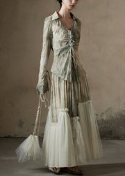 Chic Print Tulle Patchwork Shirt And Skirts Cotton Two Pieces Set Fall