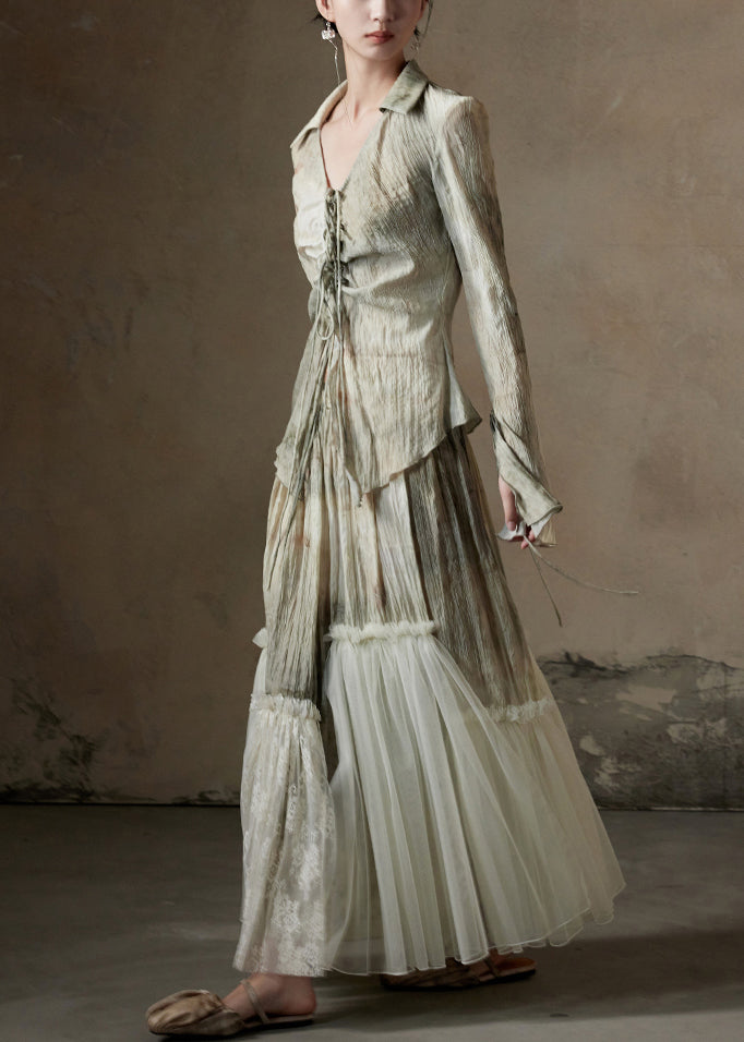 Chic Print Tulle Patchwork Shirt And Skirts Cotton Two Pieces Set Fall