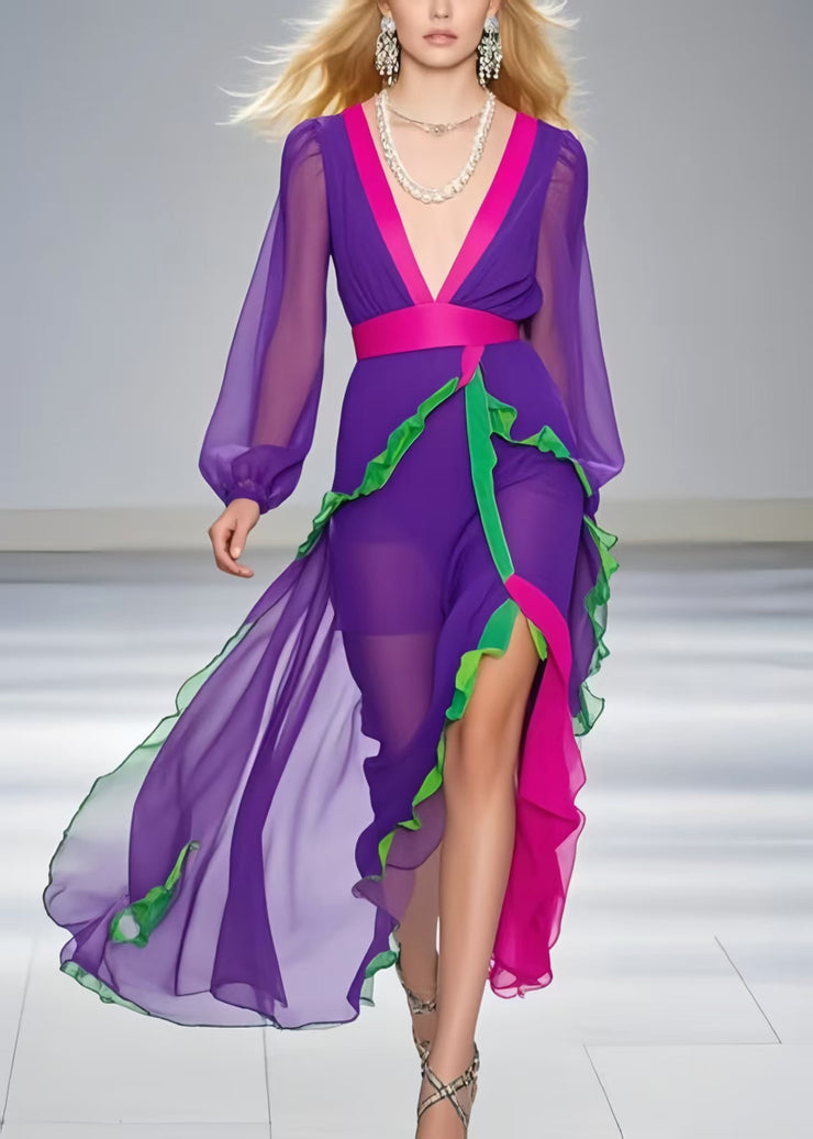 Chic Purple Asymmetrical Patchwork Ruffled Chiffon Sundress