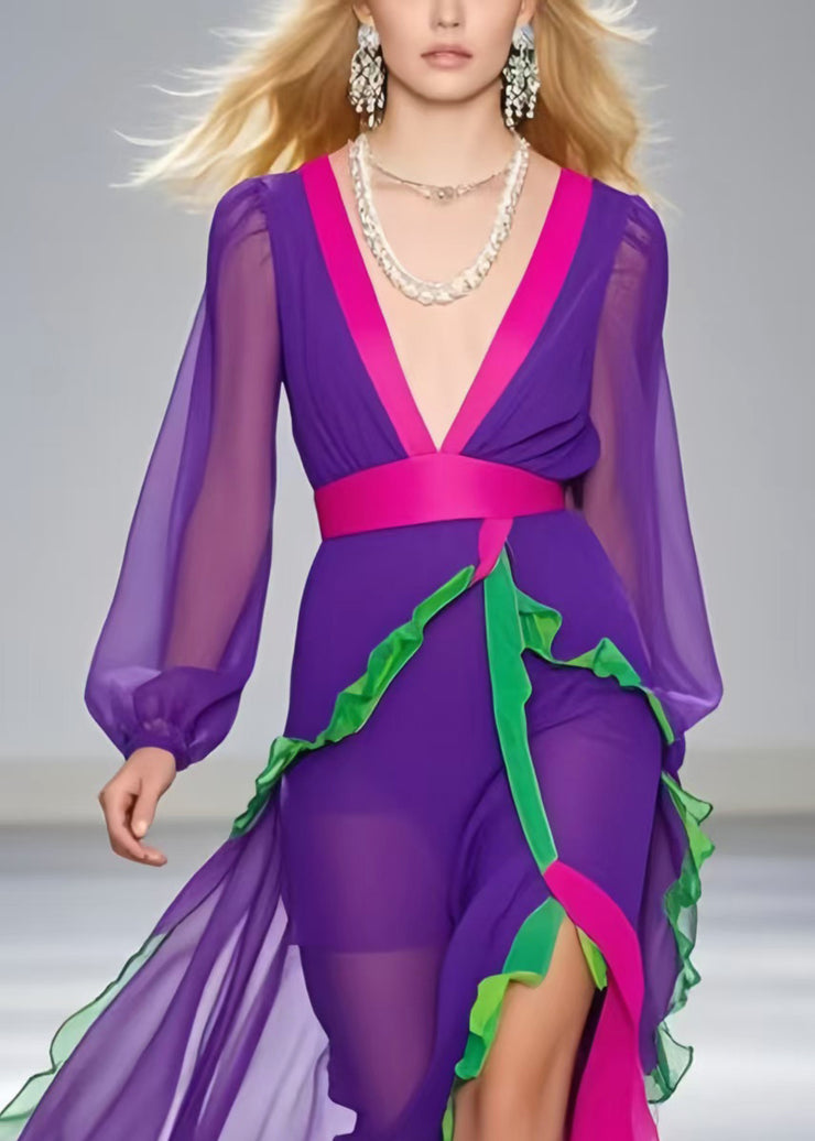 Chic Purple Asymmetrical Patchwork Ruffled Chiffon Sundress