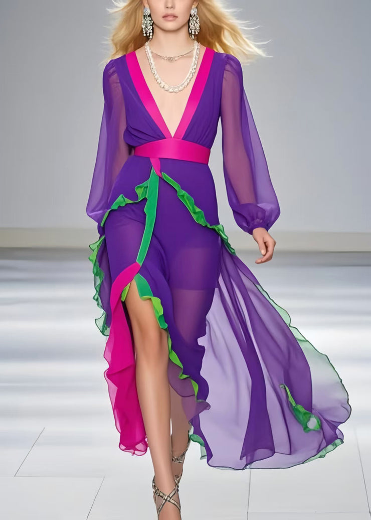 Chic Purple Asymmetrical Patchwork Ruffled Chiffon Sundress