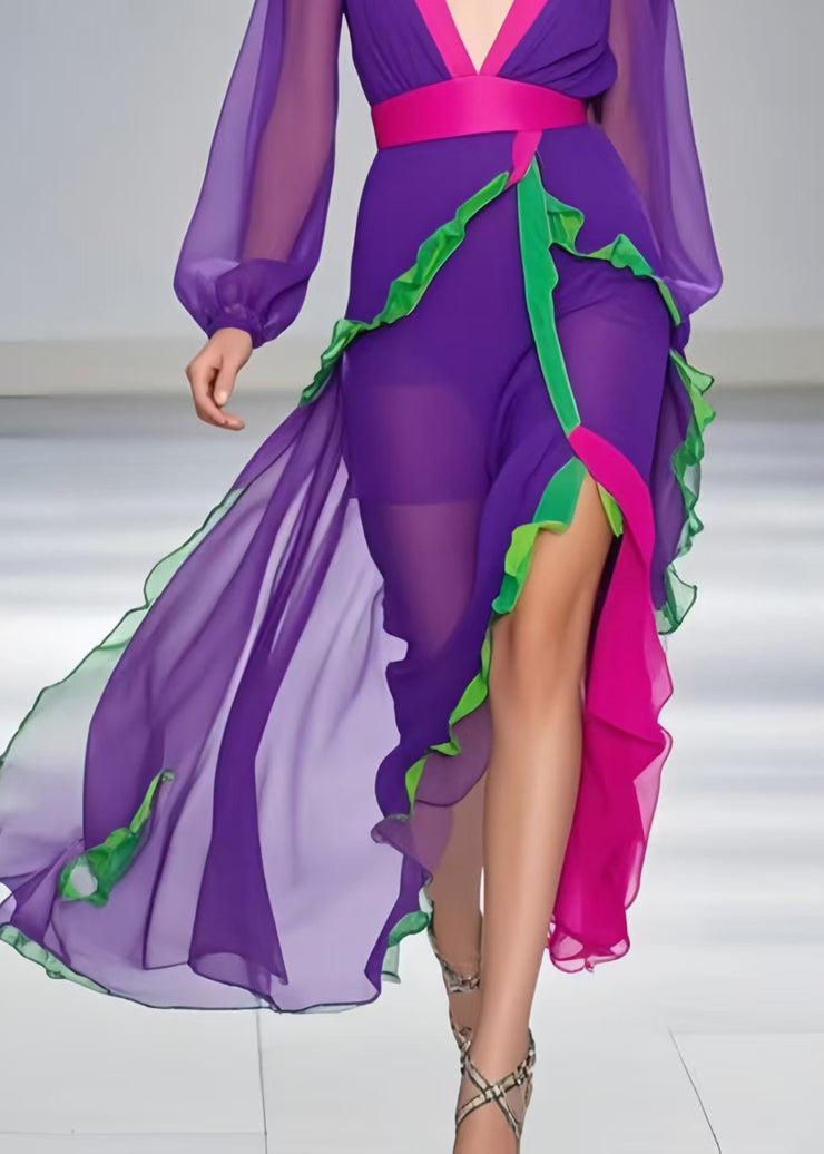 Chic Purple Asymmetrical Patchwork Ruffled Chiffon Sundress