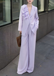 Chic Purple Floral Button Coat And Pants Two Pieces Set Fall