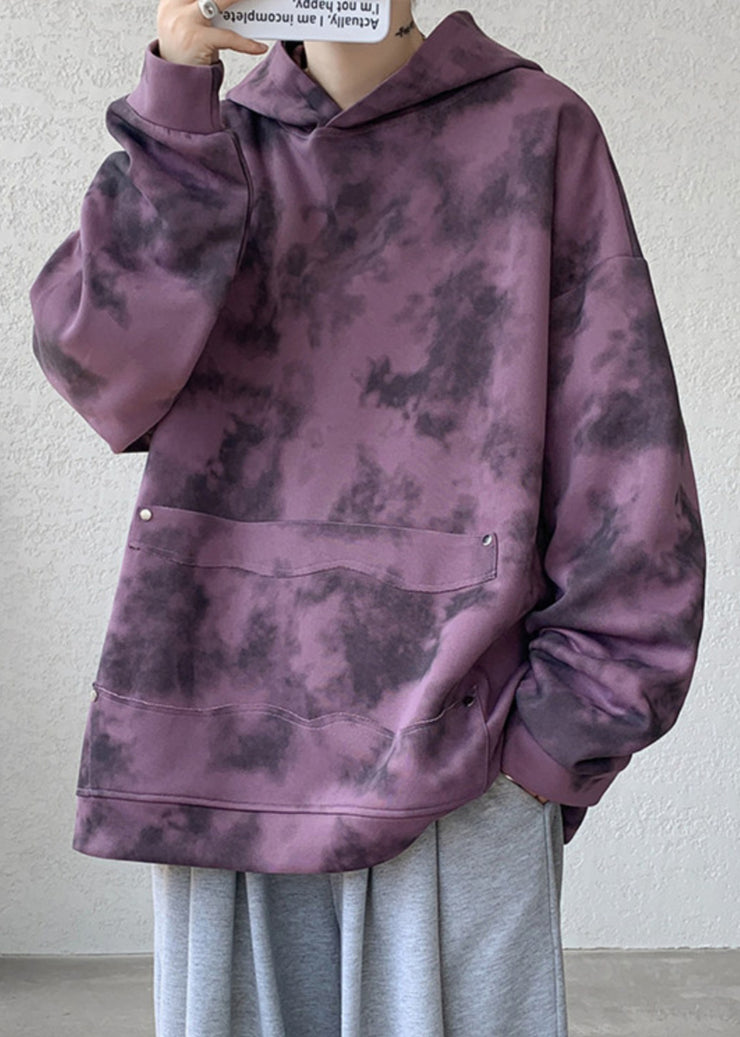 Chic Purple Hooded Tie Dye Cotton Men Sweatshirt Spring
