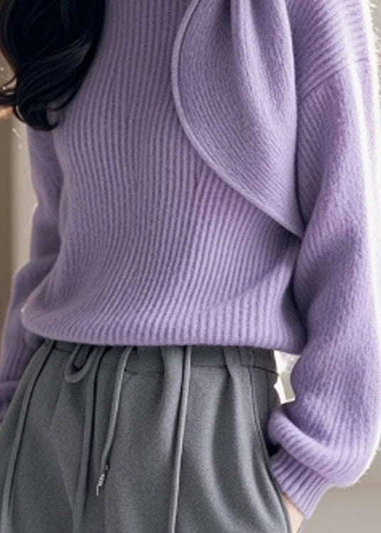 Chic Purple O Neck Bow Knitted Sweaters Spring – SooLinen