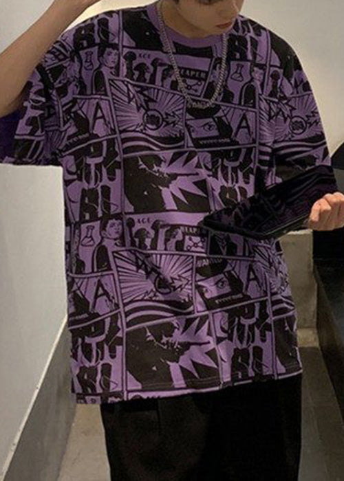 Chic Purple O Neck Print Cotton T Shirts Men Summer