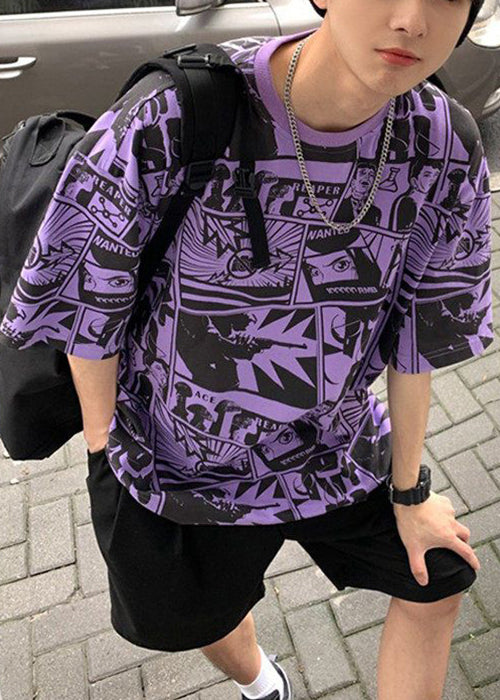 Chic Purple O Neck Print Cotton T Shirts Men Summer
